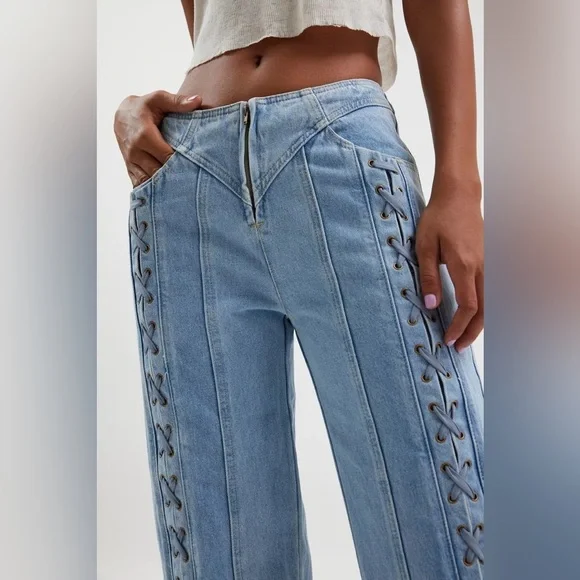 Lioness Daydream Tie Up Jean / Sky Blue Lace-Up Wide Leg Jeans - Picture 10 of 14